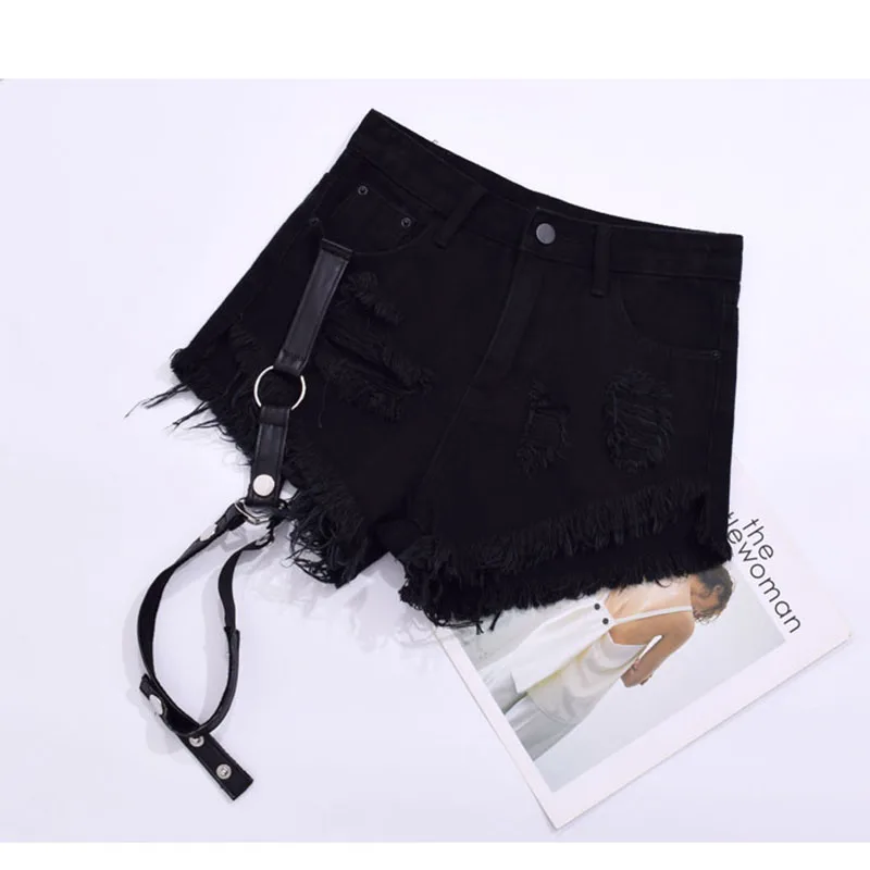 Summer Hot Denim Shorts for Women Sexy Rivet Ring Harness Band Casual Jeans Shorts High Waist Worn-out Hole Black Shorts Lady