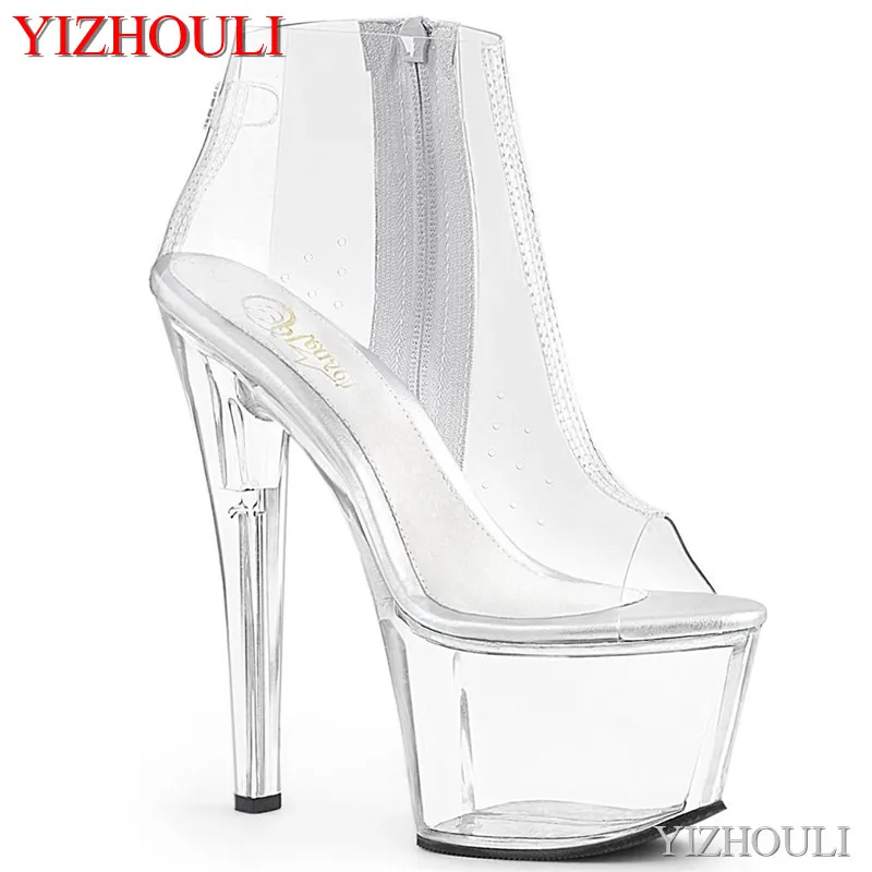 Party pole dance performance transparent material 17 cm high ankle boots, 7 inches, nude toe sexy model, dancing shoes