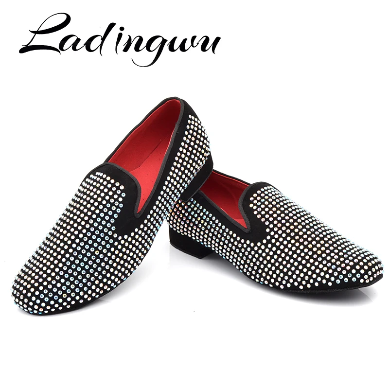 Ladingwu Latin Dance Shoes Men's Suede Rhinestone Ballroom Dancing Shoes Men Soft Bottom Social Party Shoes Indoor Sports Shoes