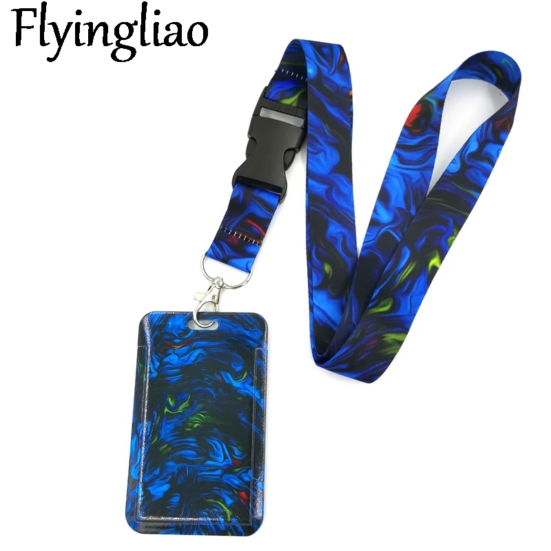 Blue Watercolor Marble Pattern Lanyard Credit Card ID Holder Bag Student Women Travel Card Cover Badge Car Keychain Decorations