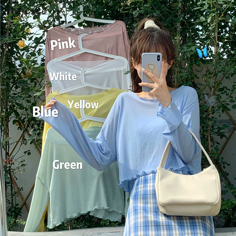 T-shirts Women Solid Long Sleeve See-through Sun Protection Crop Tops Thin 2020 Summer Trendy Sweet Casual Womens Ulzzang New