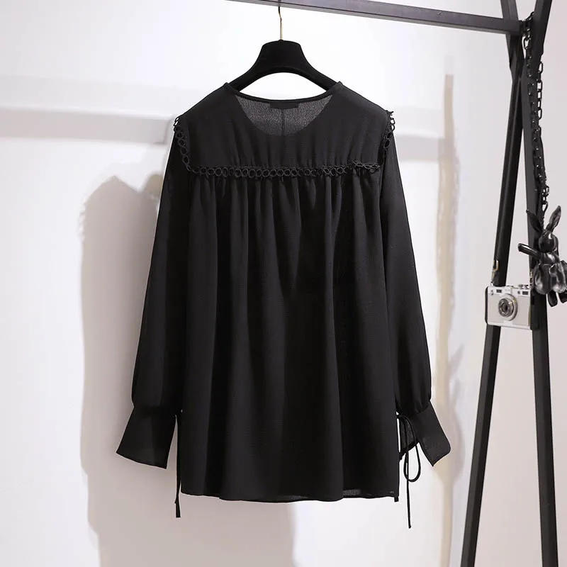 150Kg Plus Size Women\'s Spring Autumn Loose Chiffon Shirt Bust 151cm 5XL 6XL 7XL 8XL 9XL Long Sleeve Round Neck Top Black Red