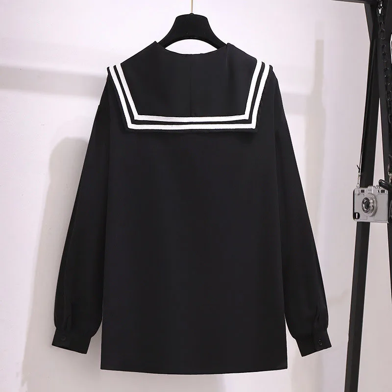 150kg plus tamanho primavera sailor collar chiffon camisa busto 158cm 5xl 6xl 7xl 8xl 9xl solto simples manga comprida listrado pulôver topo