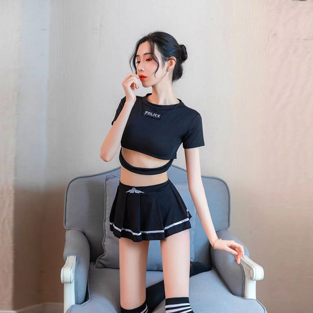 

Women Sexy Lingerie Students Cosplay Costume Girls Exotic Police Uniform Set Mini Skirt+Top + Stockings