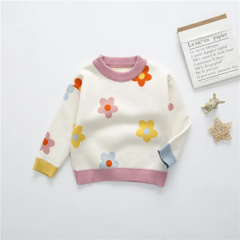 2024 Autumn Winter Girls Floral Knitted Sweater Baby Kids Thick Keep Warm Long Sleeve Tops Toddler Children\'s Pullover for Girls