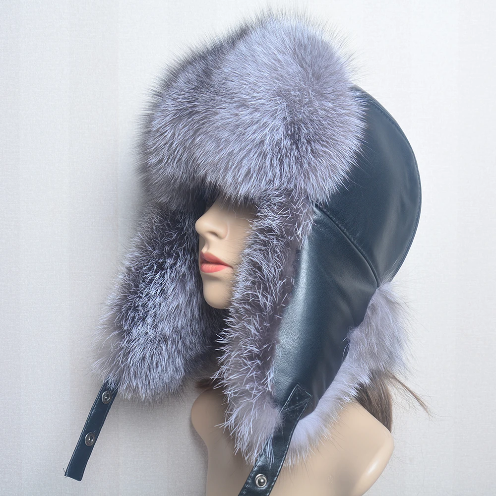 Women Outdoor Windproof 100% Real Fur Hat Natural Silver Fox Fur Russian Ushanka Hats Winter Thick Warm Ears Fashion Bomber Cap