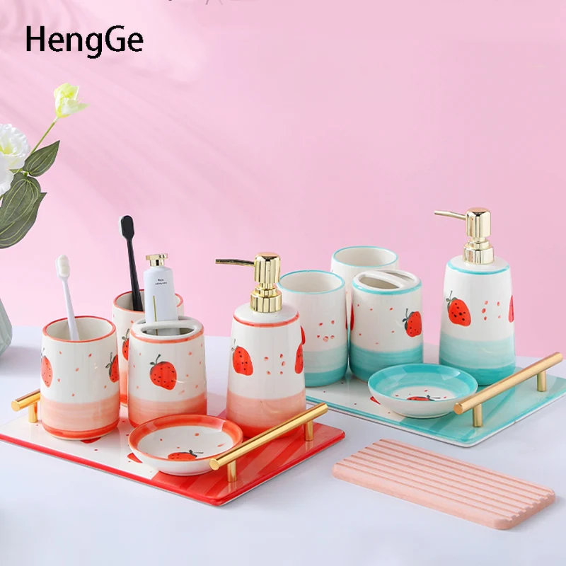 

Light Luxury Ceramics Bathroom Accessories Set Color Glaze Painted Craft Toothbrushing Cup Lotion Bottle Soap Box Home Wash Suit