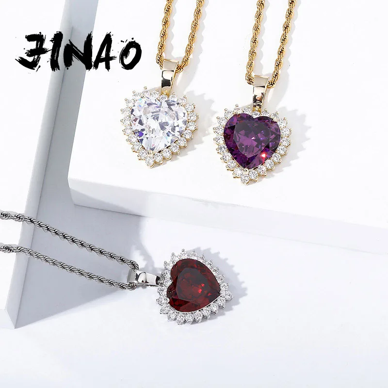 JINAO High Qulity Iced Out Cubic Zirconia Heart Pendant Necklace Five Color Hip Hop Jewelry Fashion Love Gift For Women