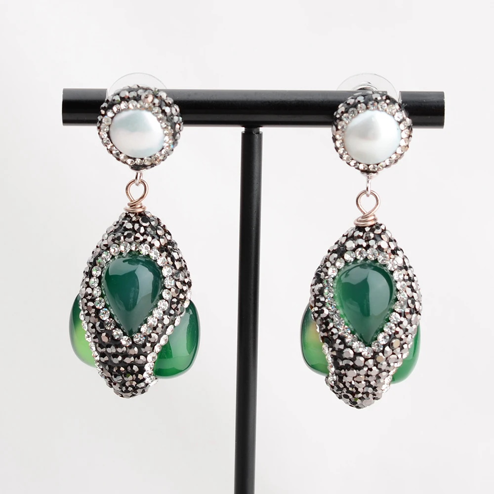 

White Pearl Stone Green Agate Earrings-CZ stud