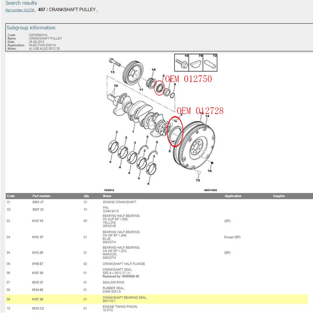 Suitable for Peugeot205 206 306 307 308 405 406 407 607 806 807 Citroen C4 Picasso Sega C5 CRANKSHAFT BEARING SEAL 012728 012750