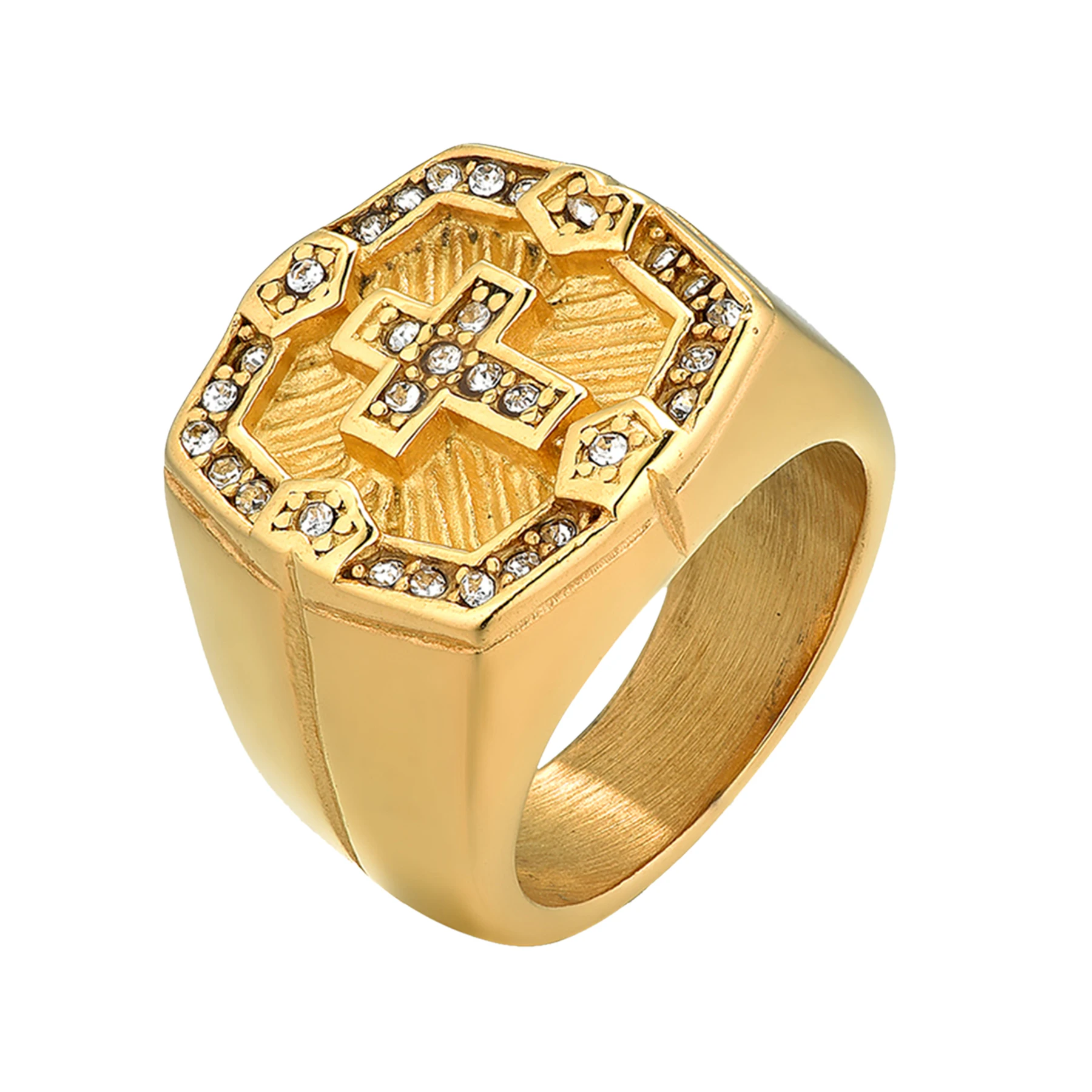 BONISKISS Cross Stainless Steel Ring For Men Charm Gold Color Inlaid Rhinestone Ring Prayer Ring Wedding Anniversary Ring Gift