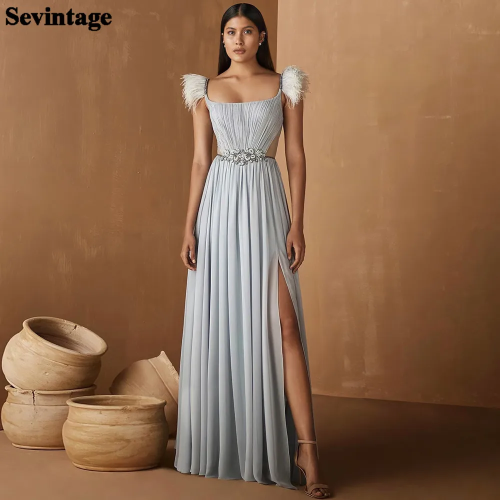 Sevintage – robe de soirée longue argentée en mousseline de soie, tenue de bal de standing, avec plumes et plis, perles et cristaux, 2022