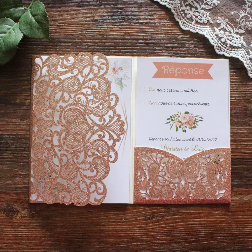 Glittery Rose Gold Invitations Wedding Bridal Shower Birthday Gift Cards Customized Text Printing Floral Laser Cutting 50 Sets