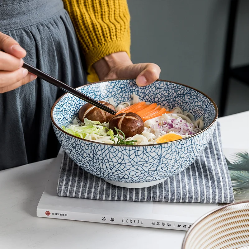 8 Inch Japanese Ramen Bowl Ceramic Noodle Bowl Stripe Design Large Soup Bowl Restaurant Household Dinnerware Microwave Safe