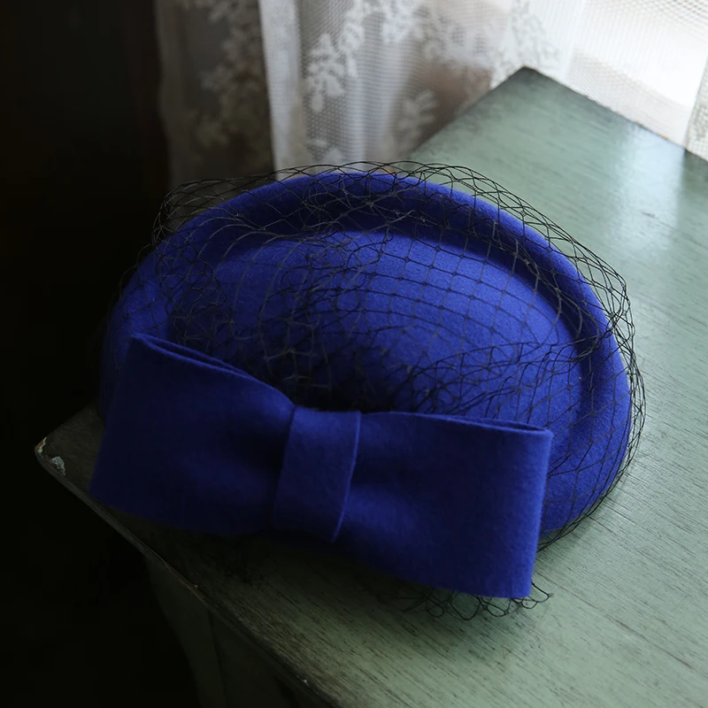 Paris Women Veil Bow Fedora Cap Blue Green White Burgundy Pillbox Beret Hat Ladies Wedding Party Pure Wool Felt Fedora Headwear