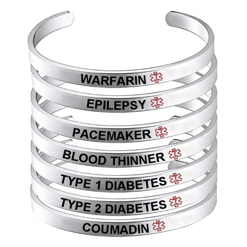 Red Medical Alert Cuff Bracelet EPILEPSY DIABETES SOS Open Bangles Slim Stainless Steel Bangle Jewelry