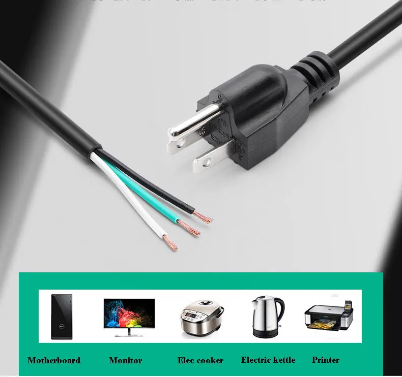 كابل سلك طاقة برأس واحد ، الولايات المتحدة الأمريكية 3 الشق ، 16AWG ، المكونات 3Pin ، SVT ، SJT ، SJTW ، الكمبيوتر ، التلفزيون ، الأسرة ، 3x مربع ، 3Pin ، 2 متر