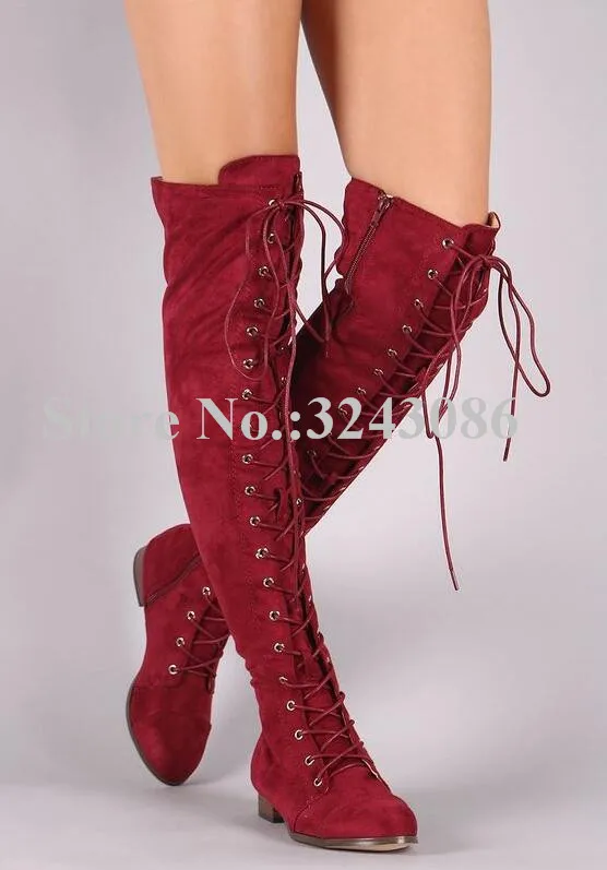 Lady New Lace-up Flat Over the Knee Boots Fashion Black Leather Woman Casual Long Boots Large Size Winter Boots Dropship Shoes