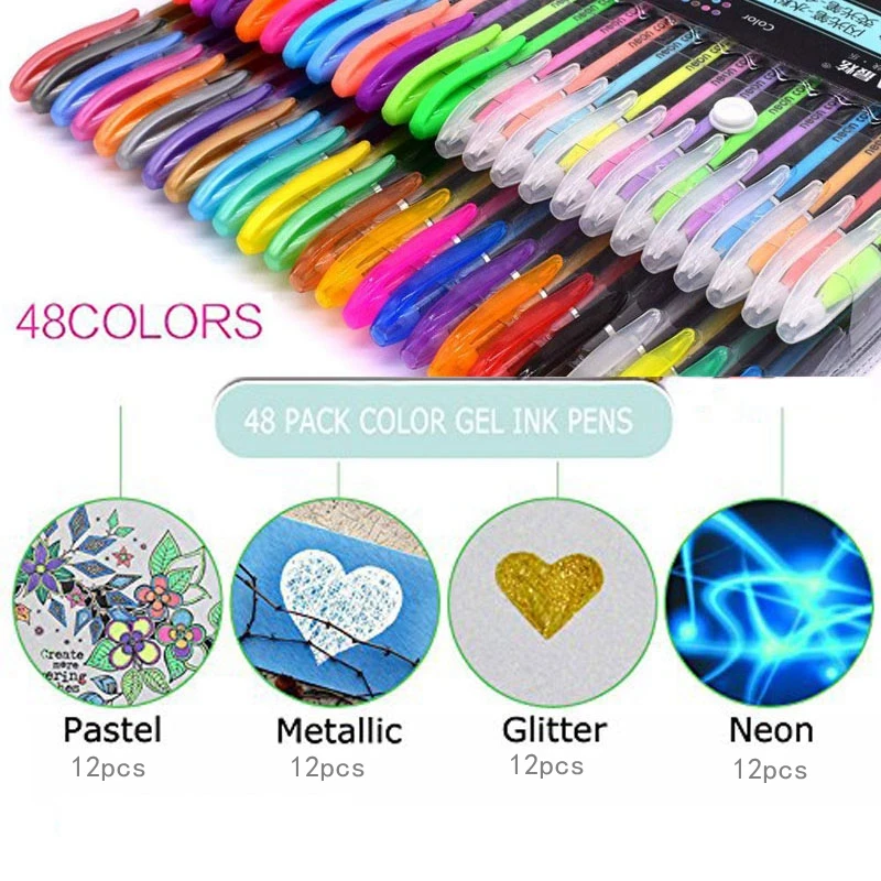 Glitter Gel Pen Set para revistas, desenho, rabiscar, pintura, marcadores de arte colorida, marca-texto, 12, 24, 36, 48 cores, conjunto