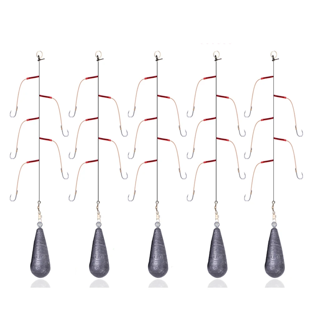 5er-Pack Hochkarbon-Stahl-Angelschnur mit 5 Einzelhaken, Wirbelködern und Bleigewichten für Meeresangeln – Pesca 3 # -13 # – Detail 3