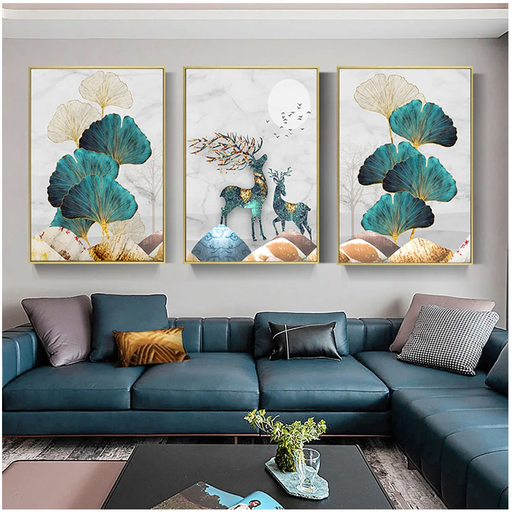 

5D Diamond Embroidery Elk Ginkgo Biloba Triptych Full Square Drill Mosaic Handmade Diamond Painting Animal Home DecorZP-4671