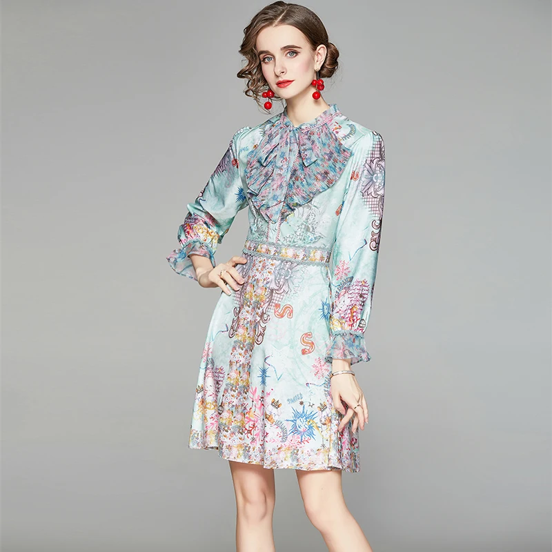 

2021 Fashion Designer New Summer Dress Women Ruffled Butterfly Collar Short Sleeve Floral Print Vintage Slim A-Line Dress