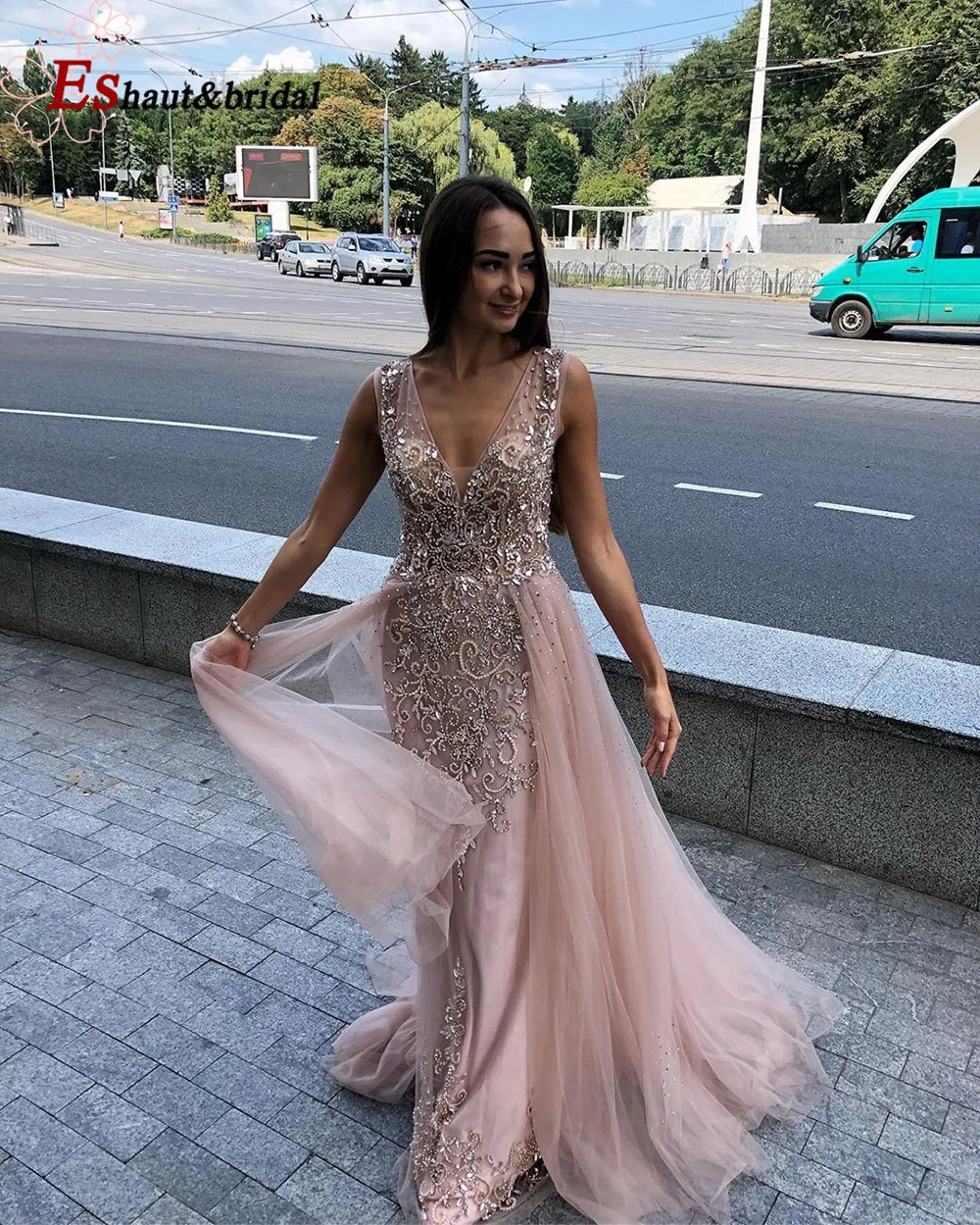 Elegant Mermaid Evening Dress for Women 2024 Long Sleeves V Neck Luxury Crystal Tulle Formal Prom Wedding Party Gowns Customized