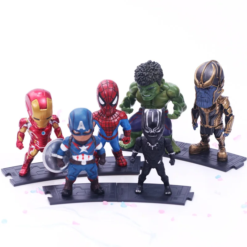 6pcs/set Marvel Avengers Black Panther  Thanos Ironman Spiderman Captain American Hulk Figure Model Toys