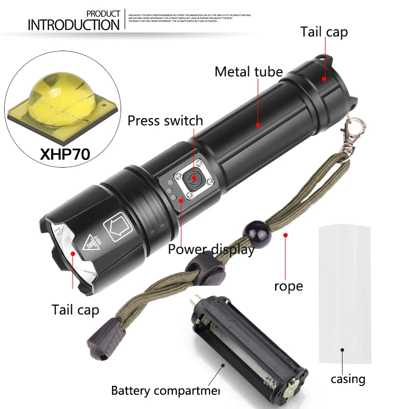 80000LM Powerful Led Flashlight XHP70 flashlight USB charging Zoom led torch lanter 1*26650 battery For Camping  cycling Lamp