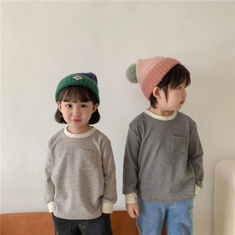 

Spring autumn kids cotton soft long sleeve base T shirts children clothes boys and girls elastic loose striped Tops