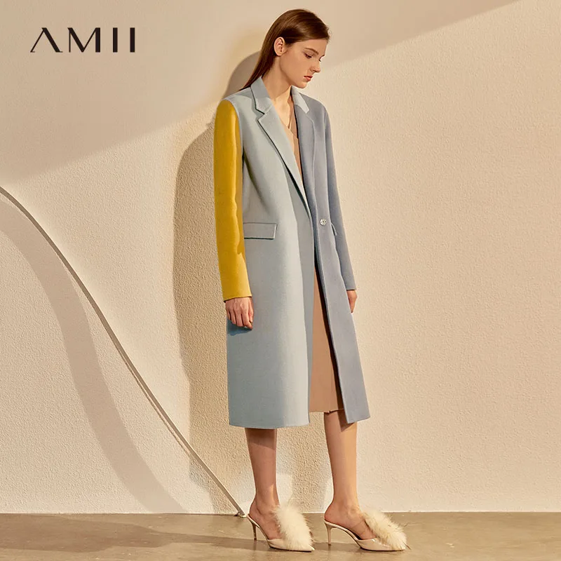 

Amii Minimalism Winter Coat Women Fashion Patchwork 100%wool Double-sided Woolen Coat Causal Lapel Calf-length Coat 12040509