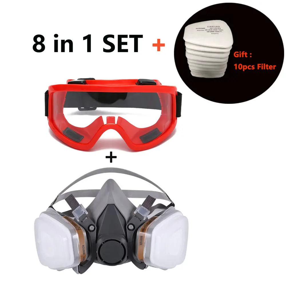 8-In-1 6200 Dust Gas Mask With Safety Goggles Half Face Gas Respirator For Painting Spraying Polishing Work Safety +10 Filters