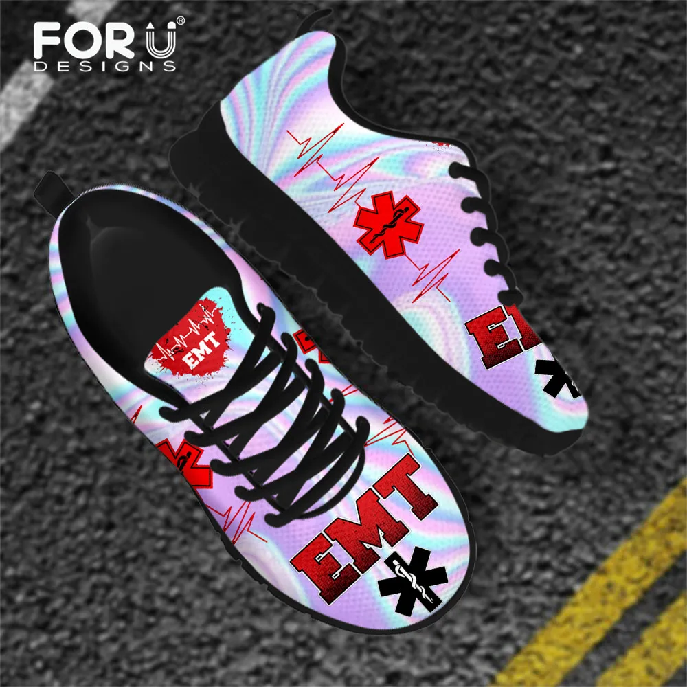 FORUDESIGNS Women's Nursing Flats Shoes Holographic Paramedic EMT EMS Sneakers Design Air Mesh Comfortable Ladies Walking Shoes