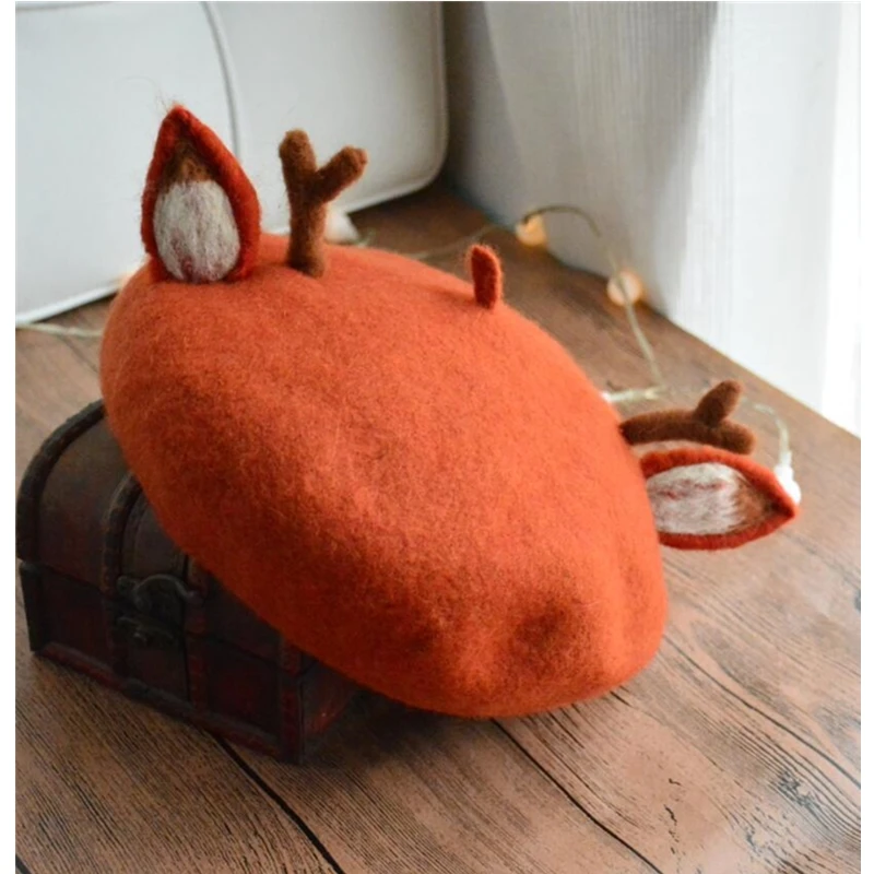 Christmas hat women handmade painter hat winter warm wool antler ear pumpkin hat creative hat gift beret  hat women