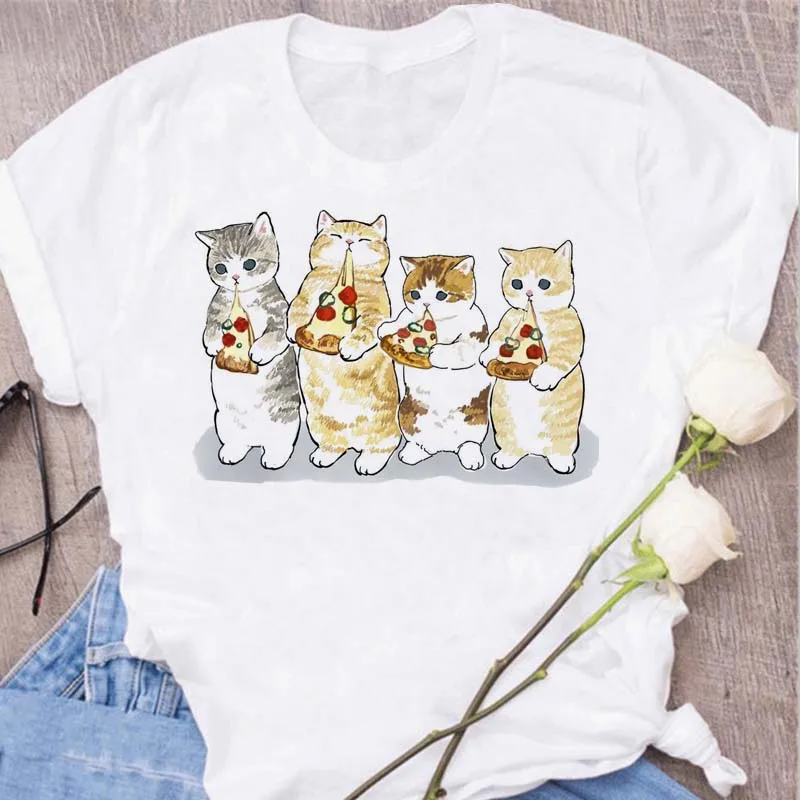 Cute Cats Printing Women T-shirts New Kawaii Women\'s Tshirt Fashion Women Clothing Funny Korean Style T-Shirts Shirts for Woman