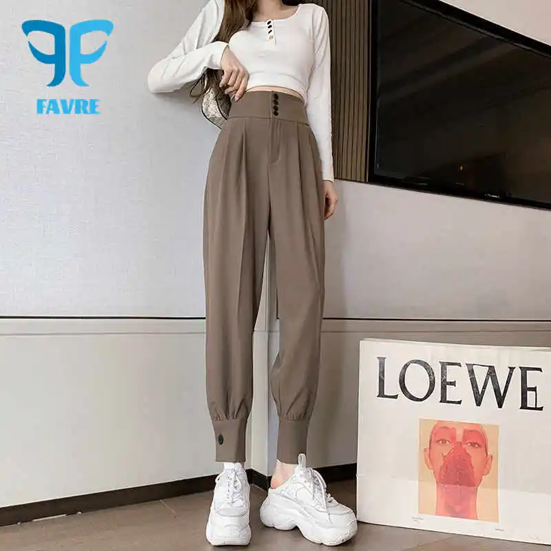 

FAVRE Casual Harem Pants Womens High Waist Loose Wide Leg Workwear Trousers Autumn Tie Feet Button Baggy Women Cargo Pants