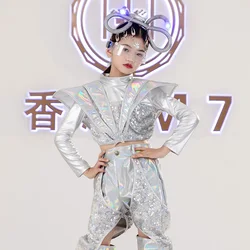 Girls Catwalk Show Costumes Children Model Stage Silver Sequin Shiny Clothes Festival Clothing Kids Jazz HipHop Clothing DQL6308