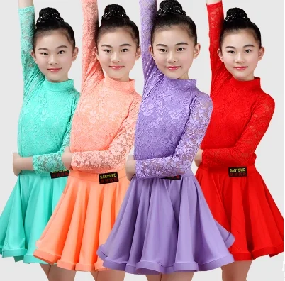 

New Girls Latin Dance Skirt Ballroom Salsa Tango Skirts Kid Child Lace Latin Dance Split Dress With Leotard And Skirt