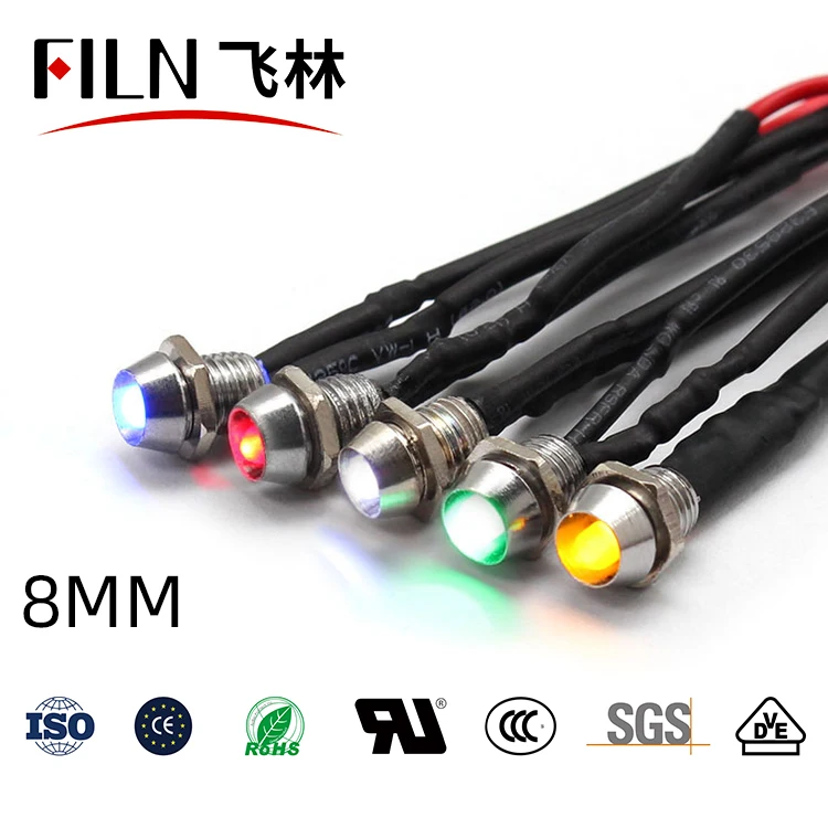 

FILN 8mm waterproof Long-life Metal 12v 24v 110v 220v led pilot lamp equipment led indicator light with 20cm cables