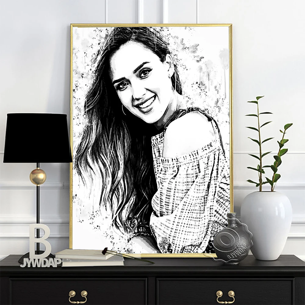 Jessica Alba Poster, American Actress Long Hair Girl Portrait Black White Watercolour Art, Minimalism Nordic Style Home Decor