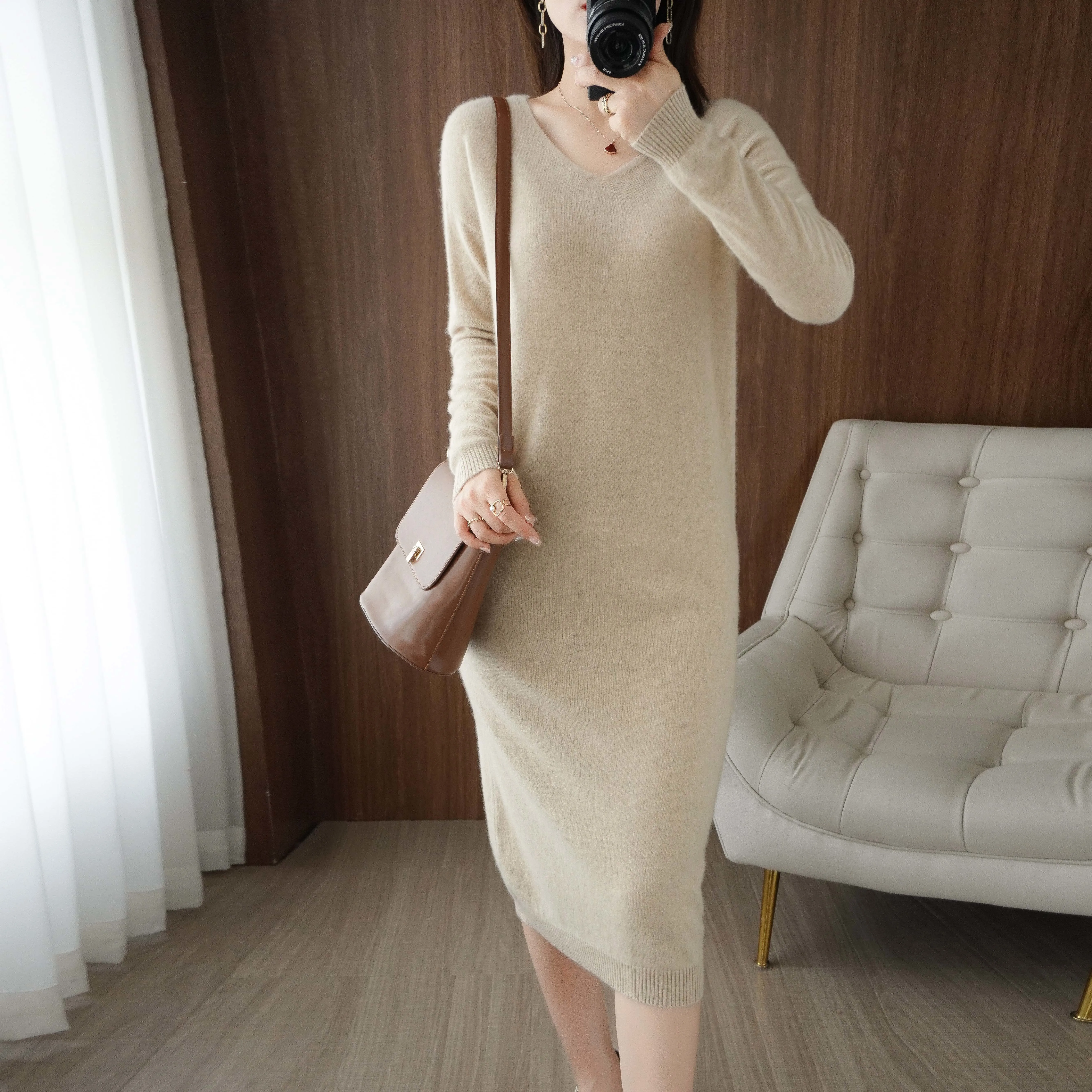 Women\'s 100% Merino Wool Knitting Dress, Female Loose Dresses, Full Sleeve Pullovers, Vneck, Winter, Autumn, Hot Sale