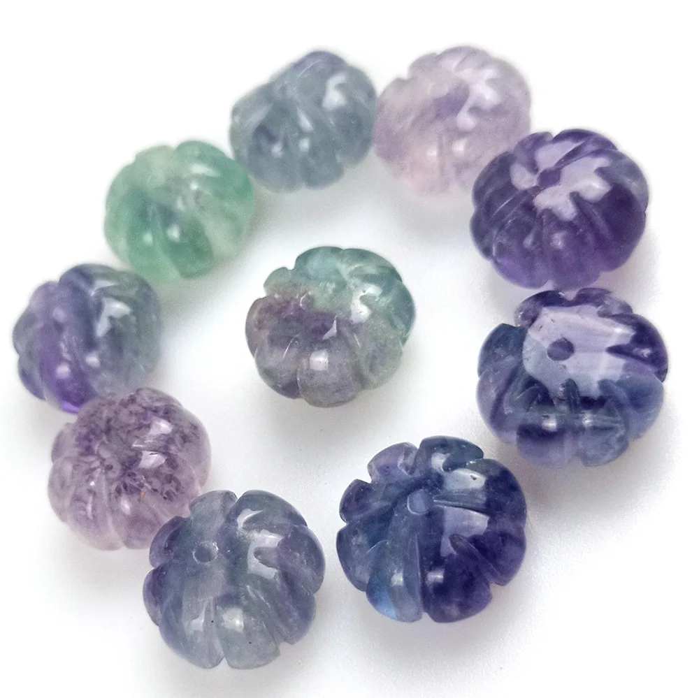 2Pcs 14mm Fluorite Natural Semi-precious Pumpkin Shape Beads Colored Carving  Melon Beads Lantern DIY For Earrings Necklace