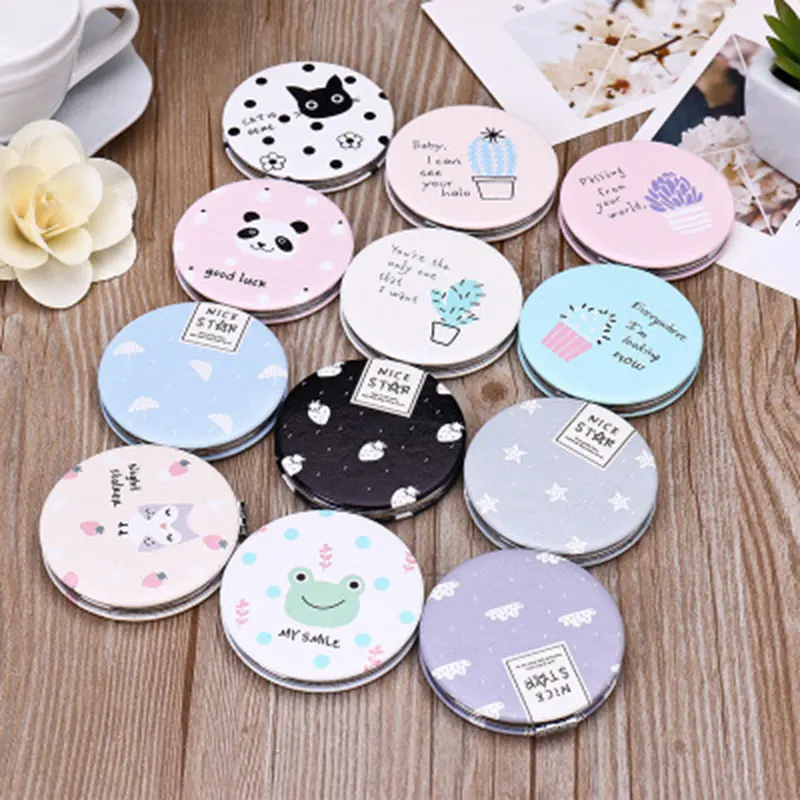 Portable Cat Plant Print Makeup Mirror PU Leather Small Round Circle Two-Sided Folding Girls Mirror