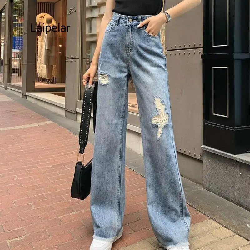 High Waist Wide Leg Hole Jeans Women's 2021 Summer New Drop Loose Straight Long Floor Pants