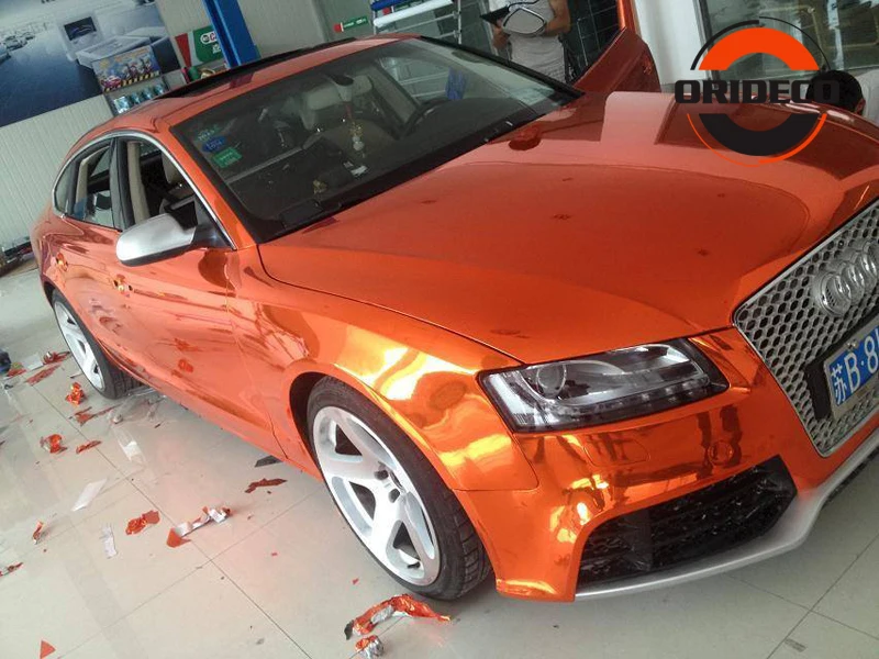 10/20/30/40/50*152CM High Stretchable Orange Chrome Air Bubble Free Mirror Vinyl Wrap Film Sticker Emblem Car Bike Motor Cover