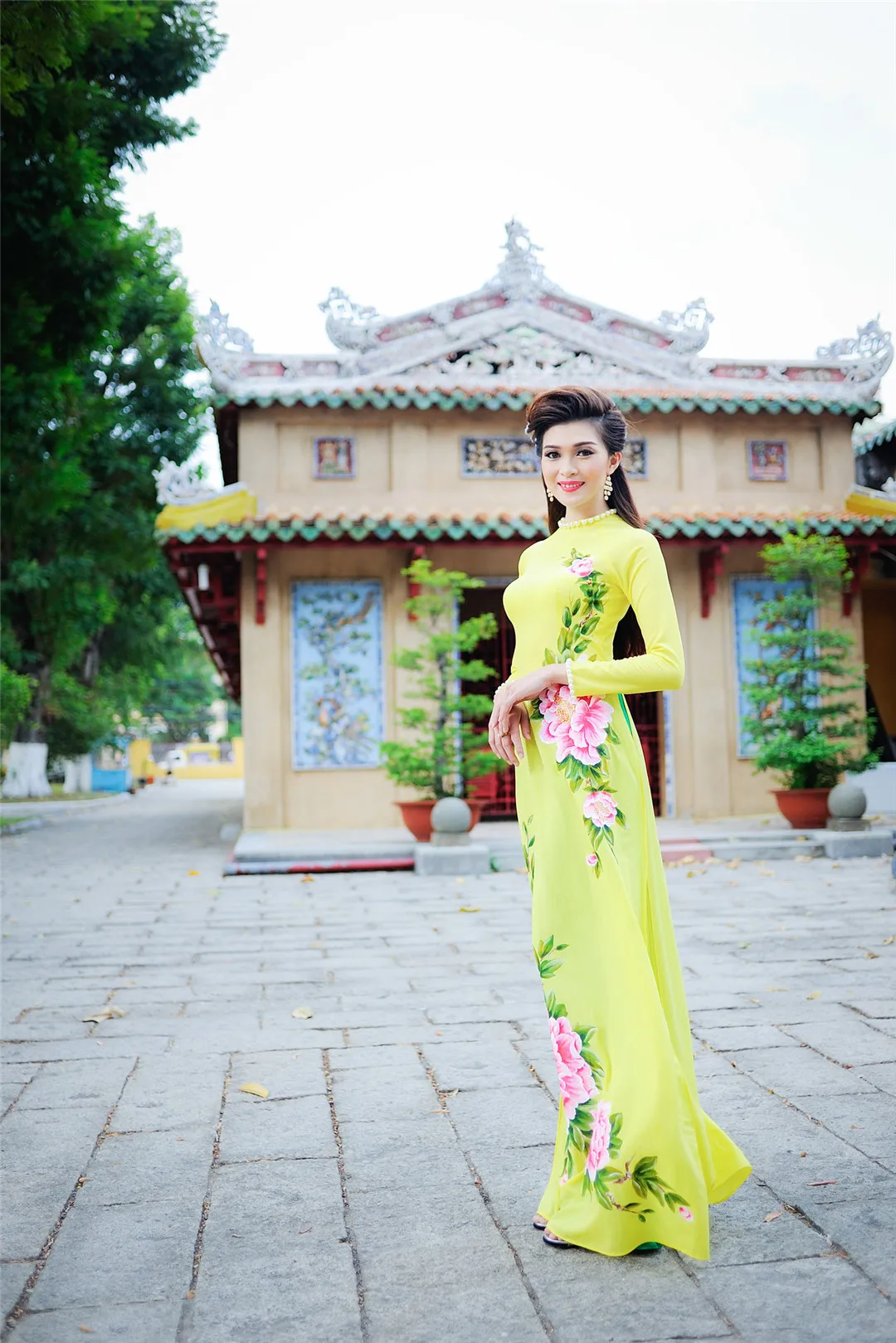 

hand-painted peony traditional qipao dress two-piece cheongsam aodai vietnam clothing cheongsam aodai vietnam dress 2pcs dress