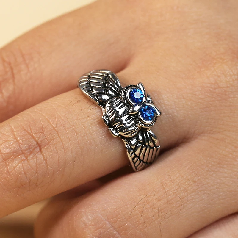 Vintage Owl Bird Animal Blue Crystal Zircon Womens Ring For Fine Christmas Female Rings Anniversary Party Gift Jewelry Anillos