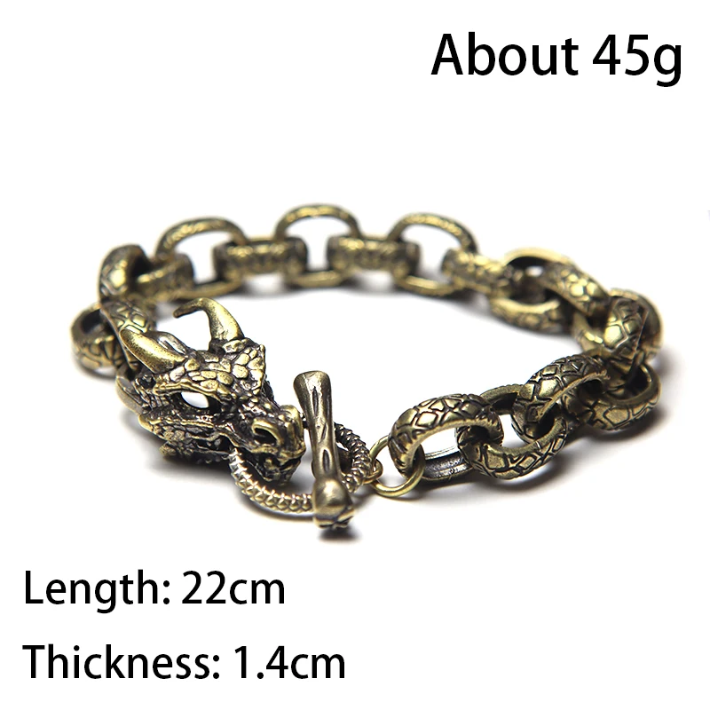 Vintage Brass Beast Chain Bracelet Dragon Scale Pattern Locomotive Trendy Punk Men Cuff Bracelet Jewelry Pure Copper Dragon Head