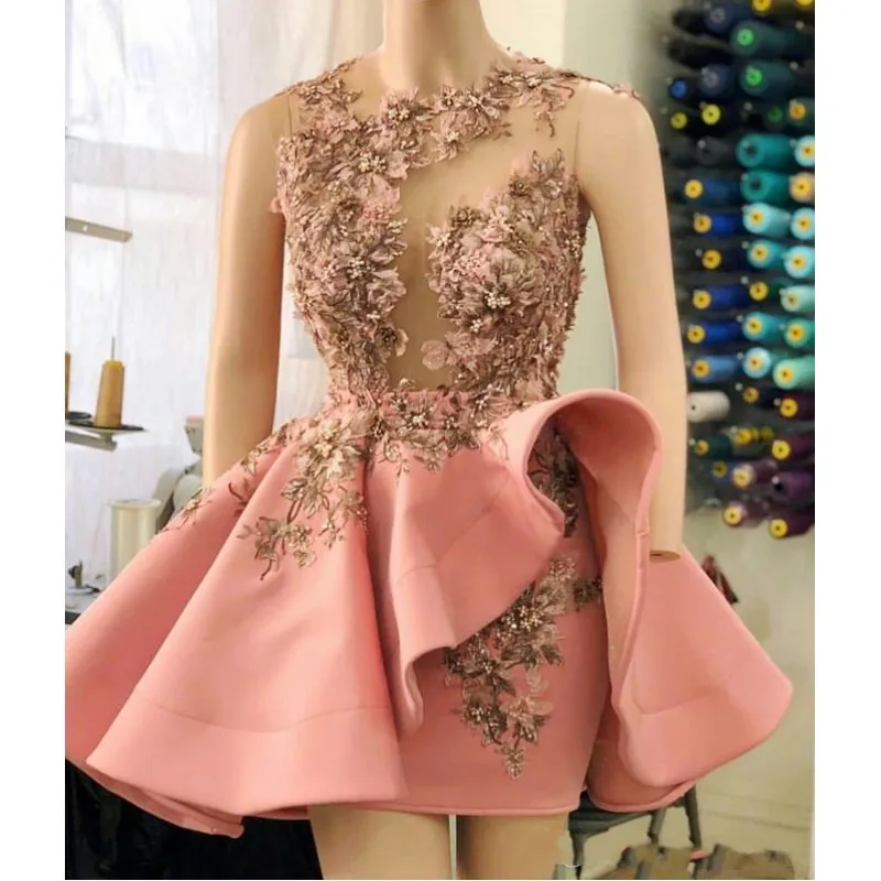 Robe de Cocktail courte rose Blush, à volants, avec des Appliques florales 3D, perlée, col transparent, effet d'illusion, robe de bal