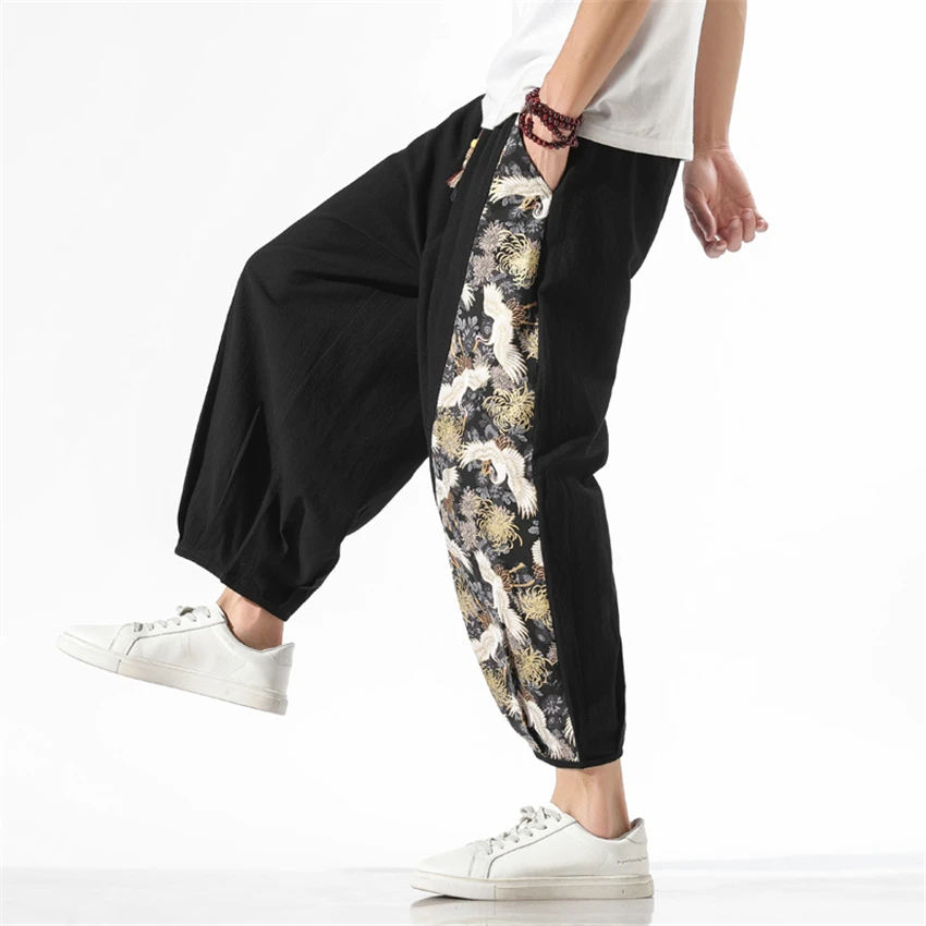 

Pants Men Japanese Wide Leg Trousers Crane Print Splicing Harajuku Casual Streetwear Sweatpants Black Elastic Waist 2022 New